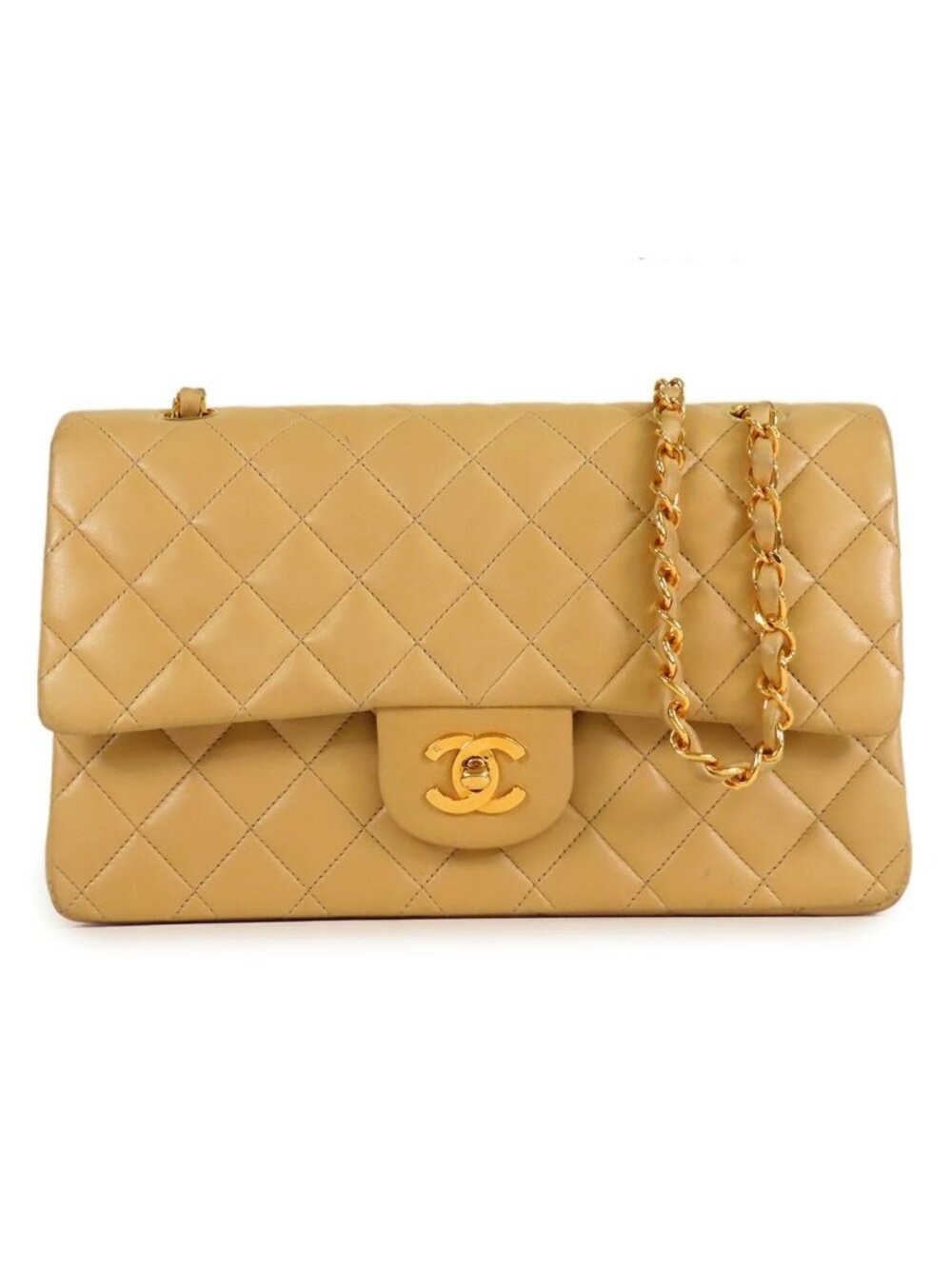 Chanel Classic Beige Gold Lambskin Double Flap Chain Shoulder Bag Vintage